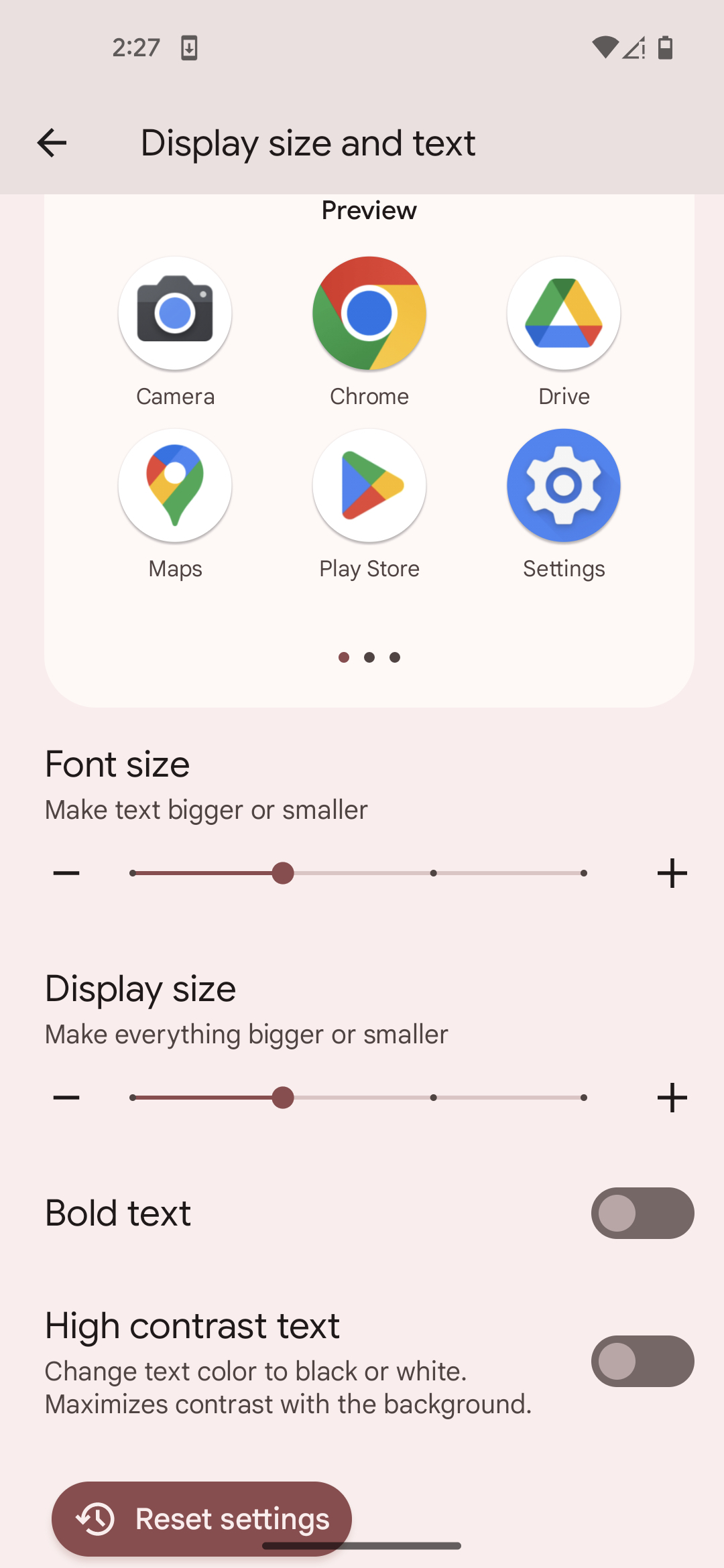 Android Display size and text settings with sliders for Font size and Display size, plus Bold text and High contrast text switches.