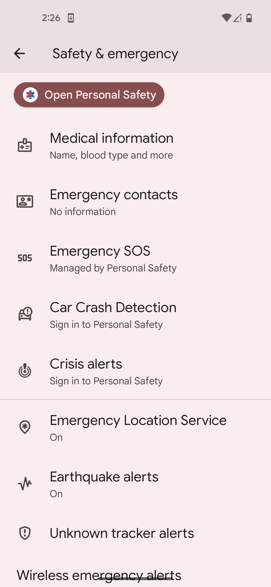 Android Safety and emergency settings with Medical information, Emergency contacts, Emergency SOS and Emergency Location Service.