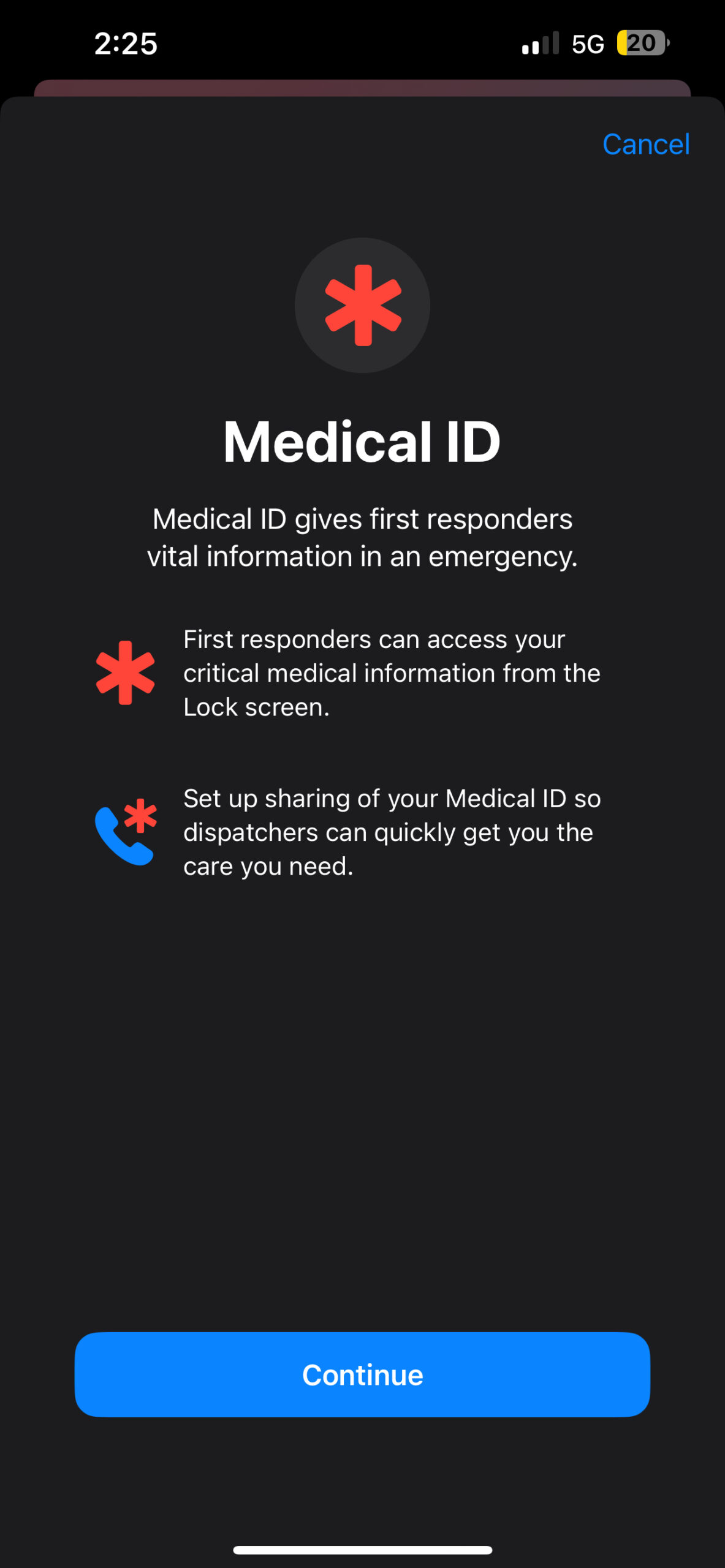 iPhone Medical ID setup explaining that first responders can view medical information from the Lock Screen.