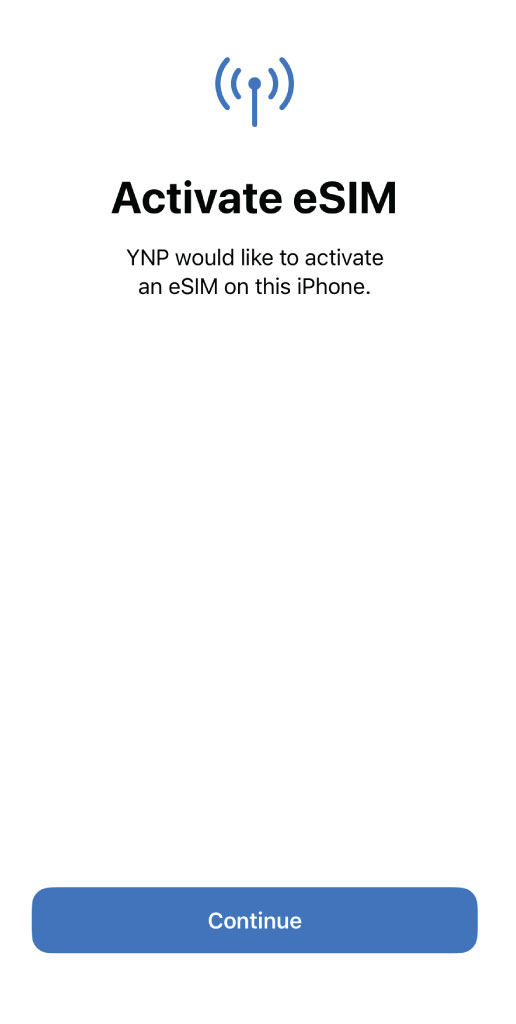 iPhone Activate eSIM confirmation with the Continue button.