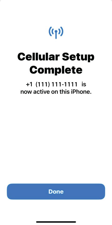 iPhone Cellular Setup Complete confirmation with the Done button.
