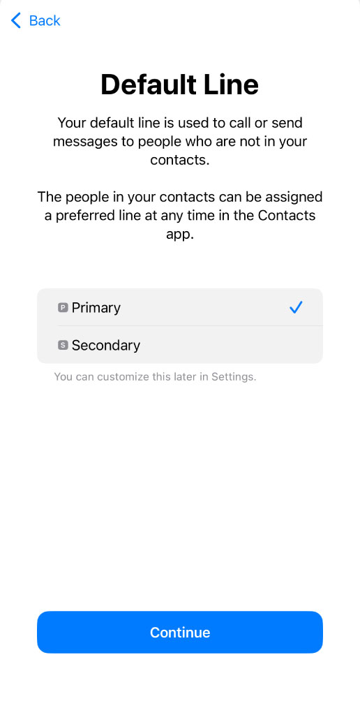 iPhone Default Line screen with Primary selected.