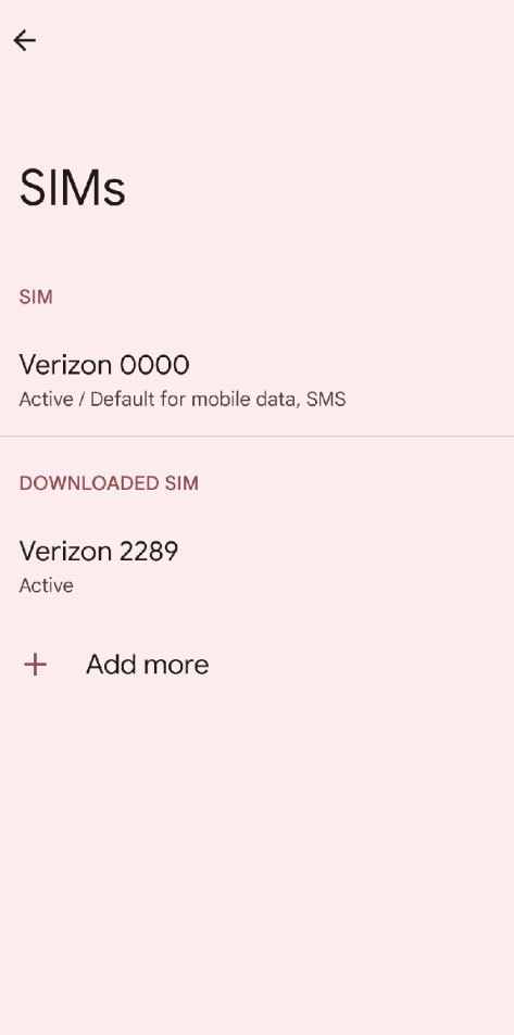 Android SIMs settings showing installed SIMs and the Add more option.