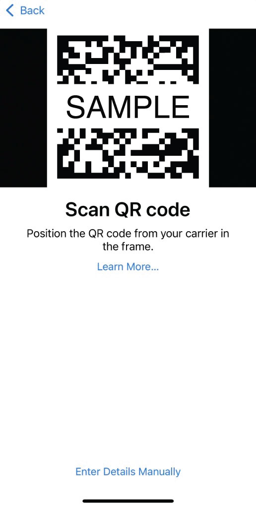 iPhone QR code scanner for adding a cellular plan, showing a sample code.