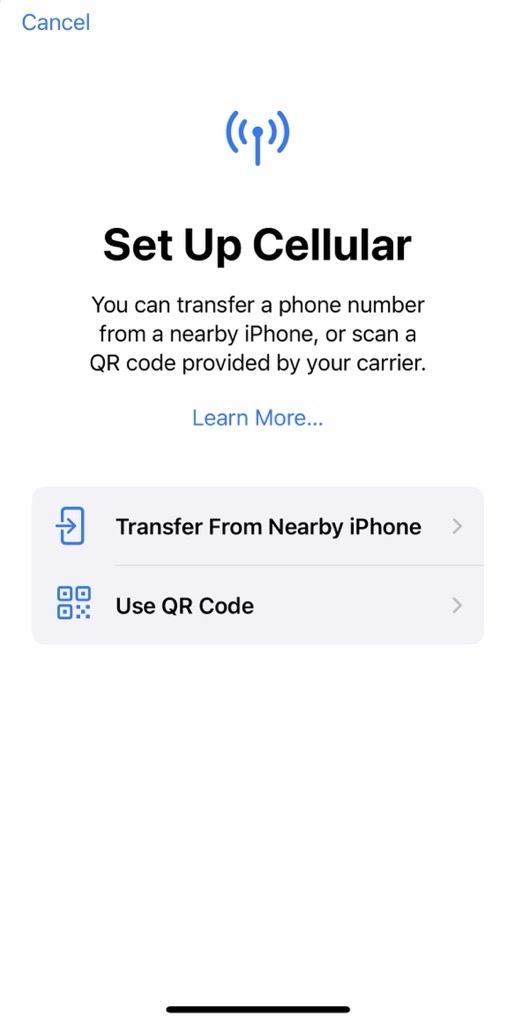 iPhone Set Up Cellular screen with Transfer From Nearby iPhone and Use QR Code options.