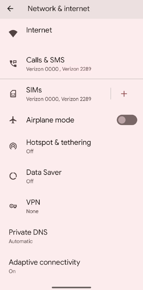 Android Network and internet settings with the SIMs option.