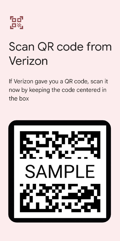 Android QR code scanner for adding an eSIM, showing a sample code.