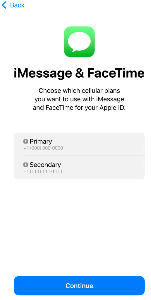 iPhone iMessage and FaceTime screen for selecting a cellular line.