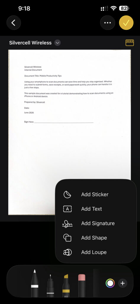 iPhone document Markup menu with Add Text, Add Signature, and Add Shape options.