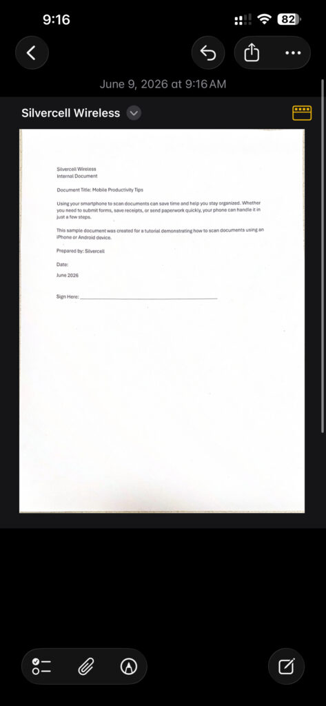 Scanned document saved in an iPhone note.
