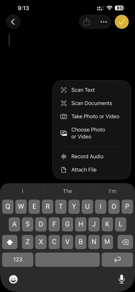 iPhone Notes attachment menu with the Scan Documents option.