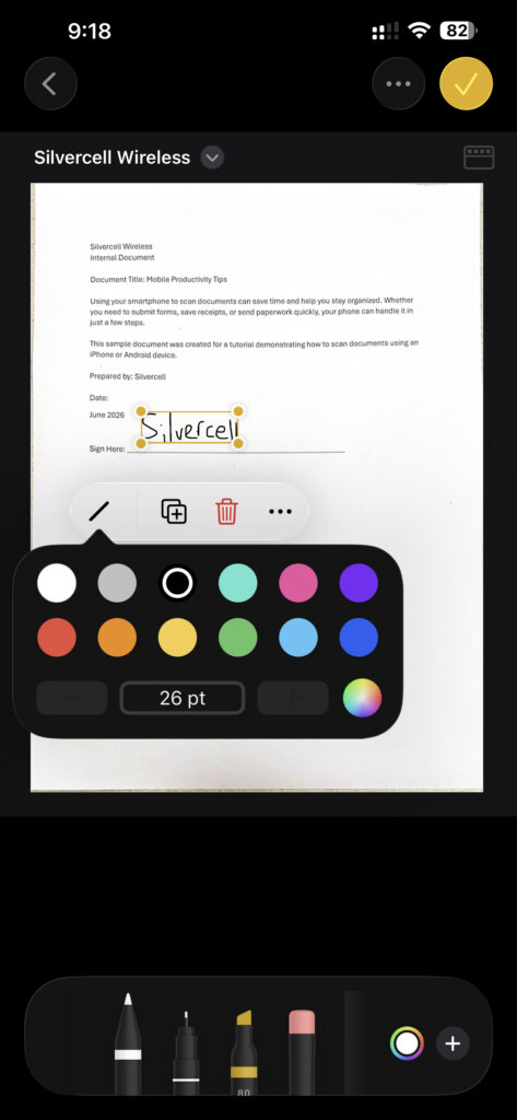 Scanned document with a signature added using iPhone Markup.