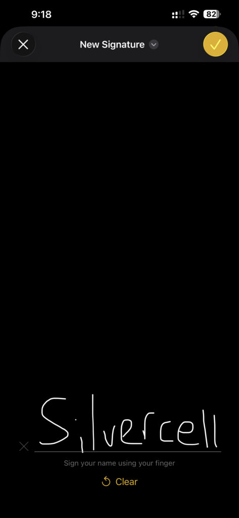 iPhone New Signature screen for drawing a signature.