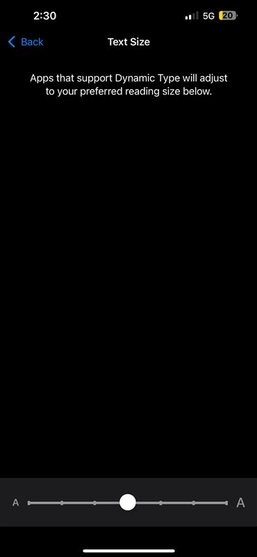 iPhone Text Size settings with a slider for adjusting the reading size.