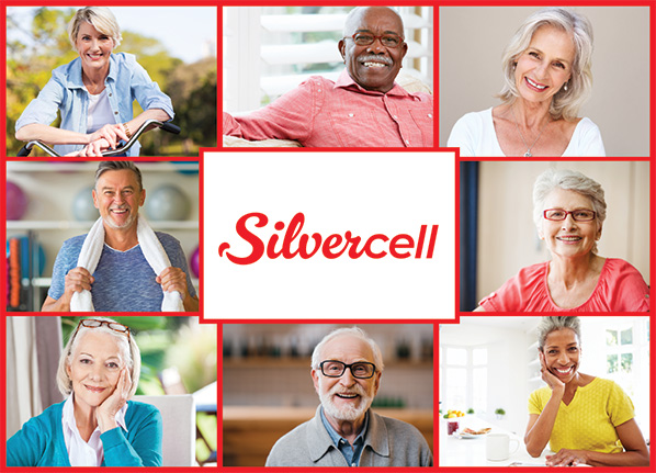 Silvercellwireless.com SilverService collage of older adults and the Silvercell logo