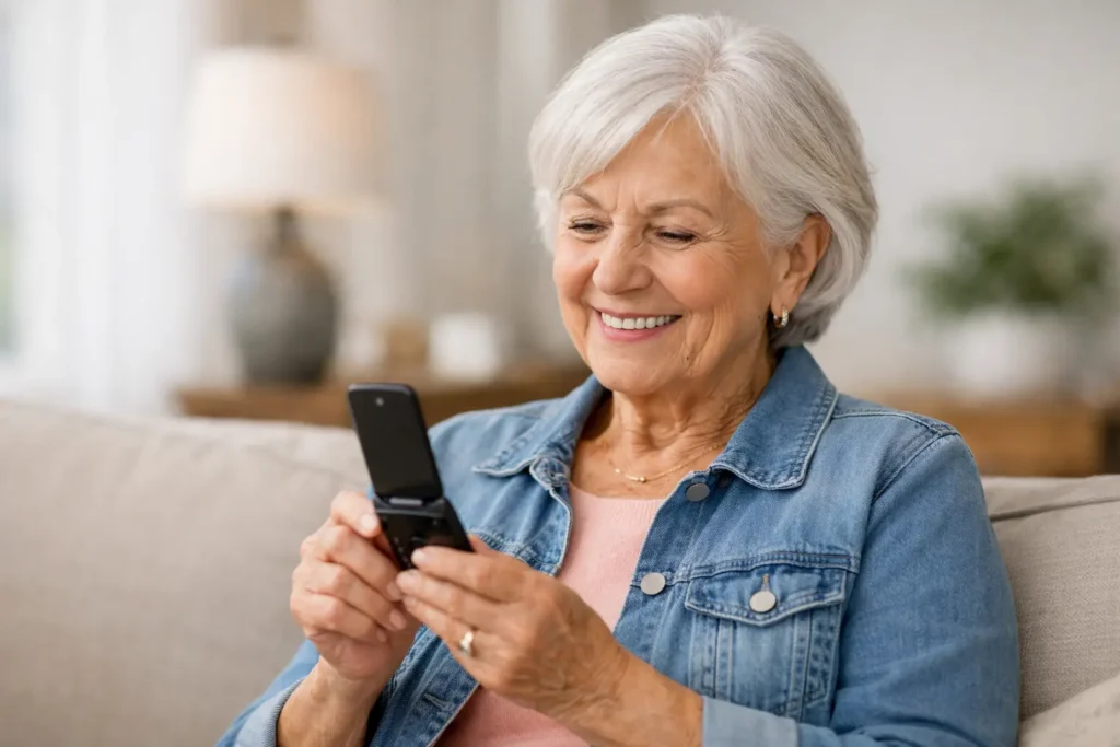 An older woman reading her smartphone at home.