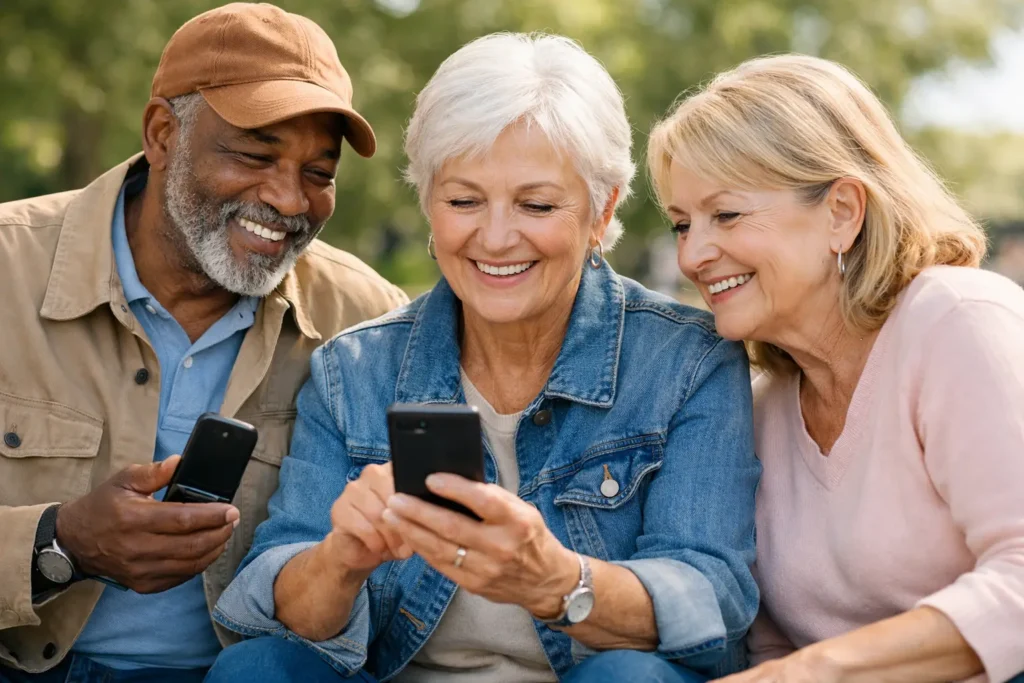 Three older adults looking at a smartphone together outdoors.