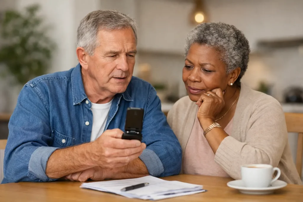 An older couple reviewing a bill with their phones.