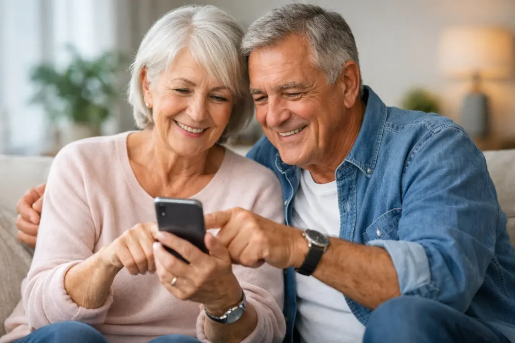 An older couple using a smartphone together.