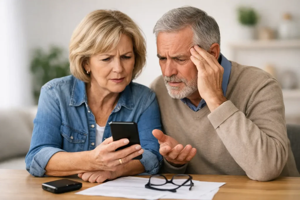 An older couple looking puzzled while reviewing a smartphone.