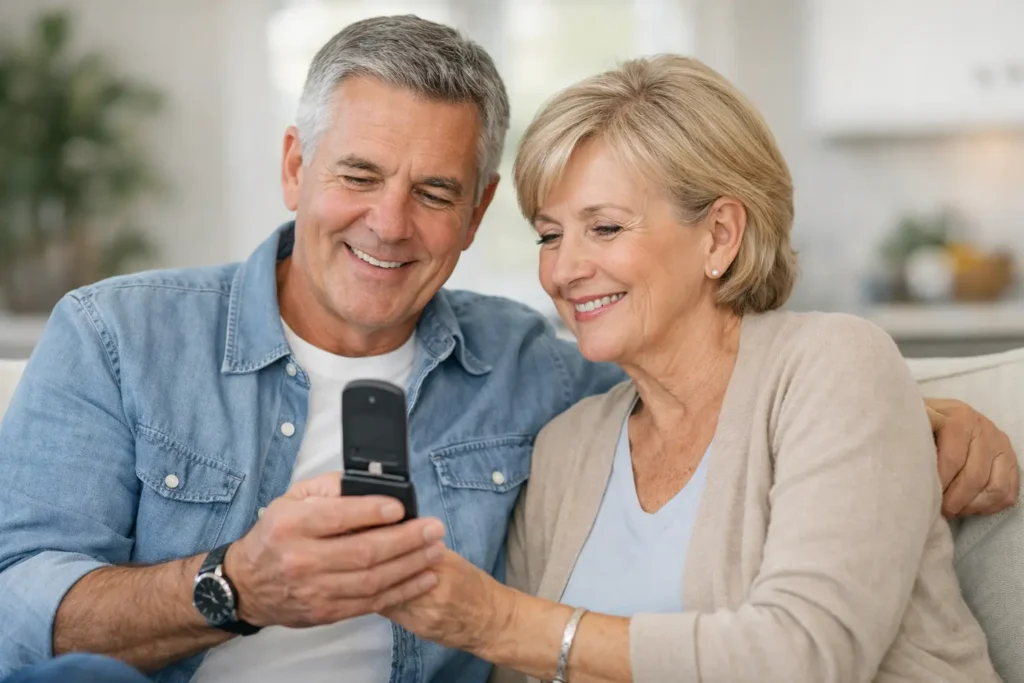 An older couple looking at a smartphone together.