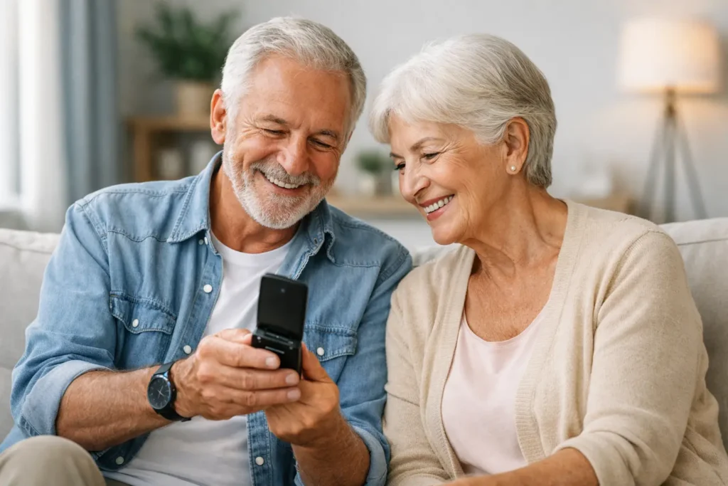 An older couple looking at a smartphone together.
