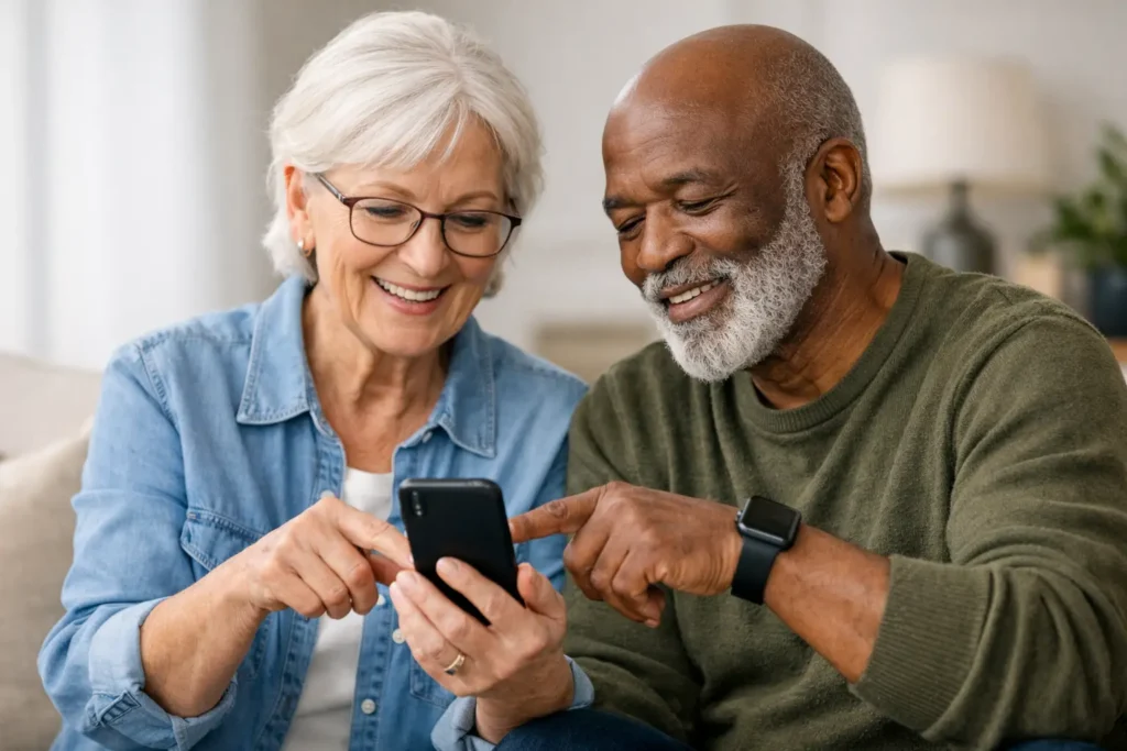 An older couple looking at a smartphone together.