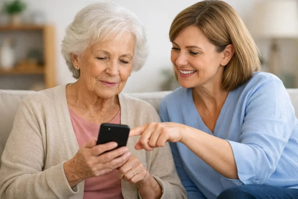 A woman helping an older adult use a smartphone.