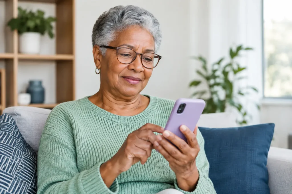 An older woman using a smartphone at home.